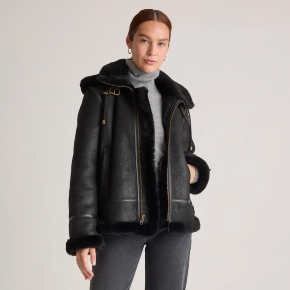 Quince Black 100% Shearling Bomber Jacket Coat XS (comp to The Arrivals/Acne)